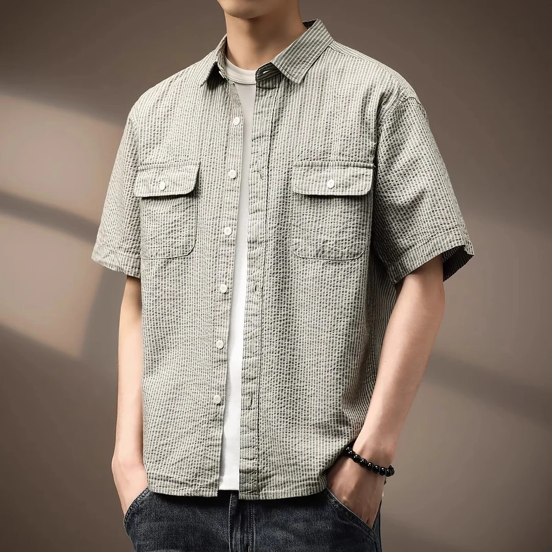 Cebrodz日系复古条纹泡泡纱工装衬衫男夏季纯棉透气宽松短袖衬衣