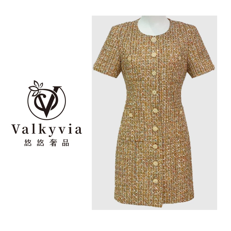 【Valkyvia/悠悠奢品】金色短袖圆领气质收腰小香风连衣裙83008