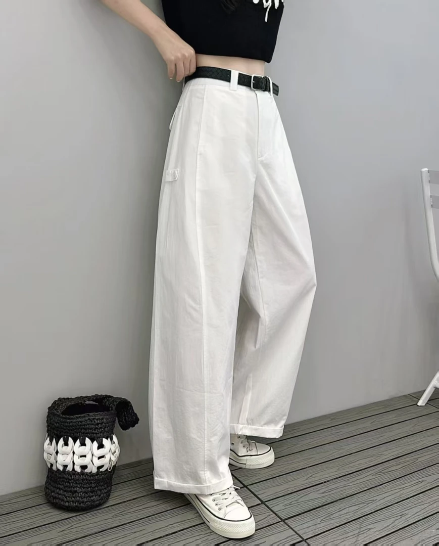夏季新款弯刀阔腿女裤简约通勤宽松百搭长裤
