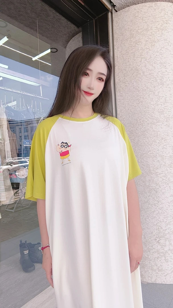 蜡笔小新卡通圆领短袖莫代尔棉睡裙连衣裙女夏季撞色家居服