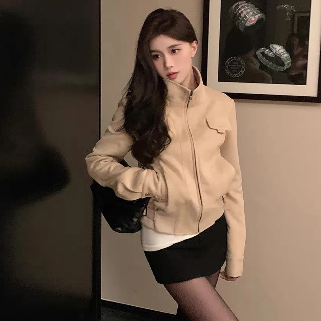 小小仟 复古麂皮绒开春短款机车夹克外套女秋季韩系休闲修身上衣