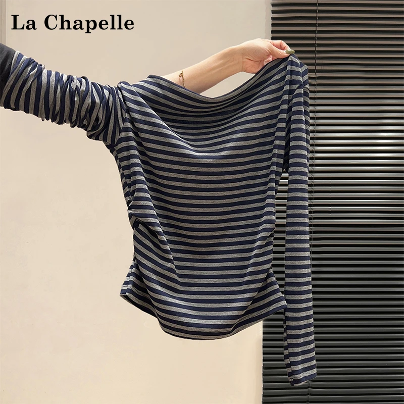 拉夏贝尔美式辣妹斜肩露肩条纹长袖T恤女秋季褶皱收腰设计感上衣