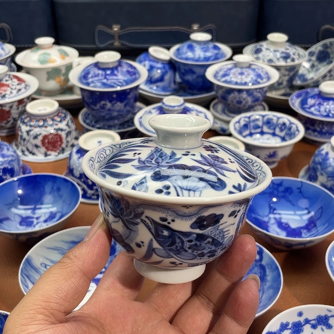 福利款 青红鱼藻纹盖碗