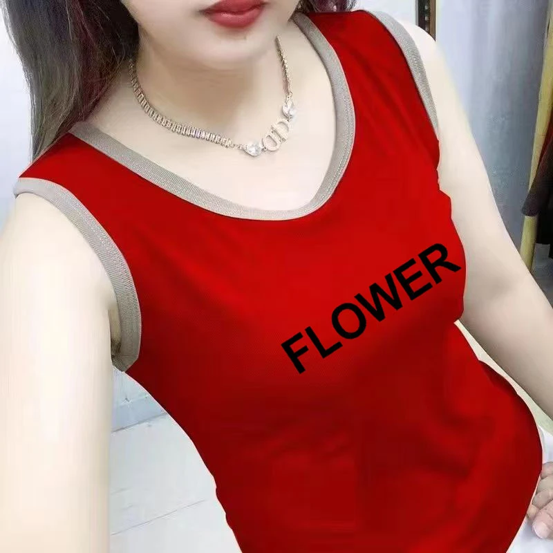 印花圆领打底无袖上衣潮吊带背心女大码新款夏装洋气撞色修身外穿