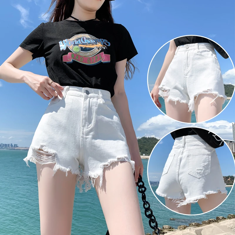白色毛边设计感牛仔短裤女2025夏季新款磨破潮流高腰显瘦a字热裤