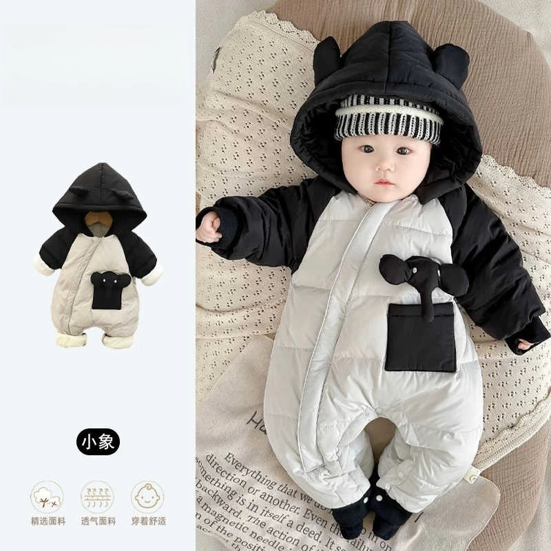 新款新生加绒男女冬季连体衣保暖连帽婴儿衣服韩版洋气婴儿外出服