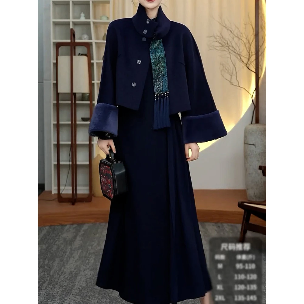 新中式改良复古国风套装女2025秋季新款时尚宽松毛呢外套+连衣裙