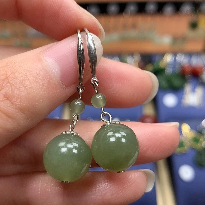 和田玉银S925镶嵌耳饰12左右晴水绿