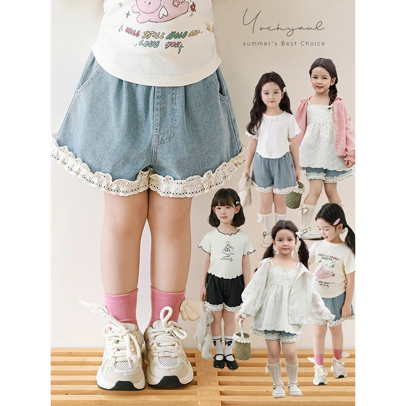 幼悠女童夏装蕾丝牛仔短裤小女孩裤子潮牌童装儿童森系服装LX0154