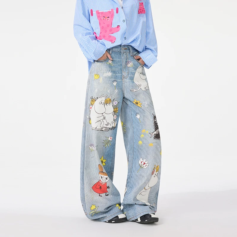 夏季新款脏脏姆明卡通印花设计感直筒阔腿裤