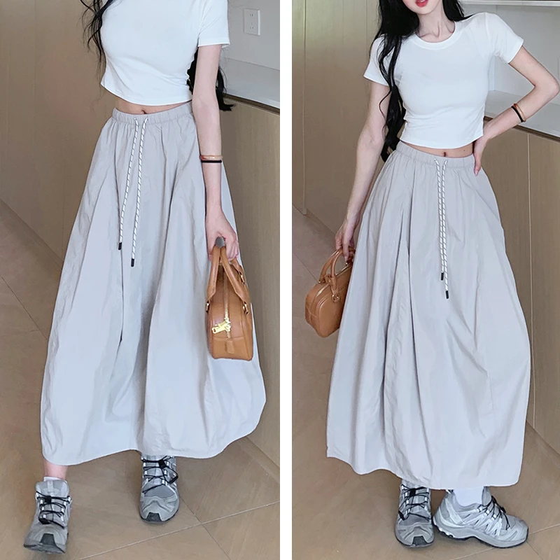 夏季小个子韩系简约南瓜裙女2025新款长裙高腰工装半身韩系花苞裙