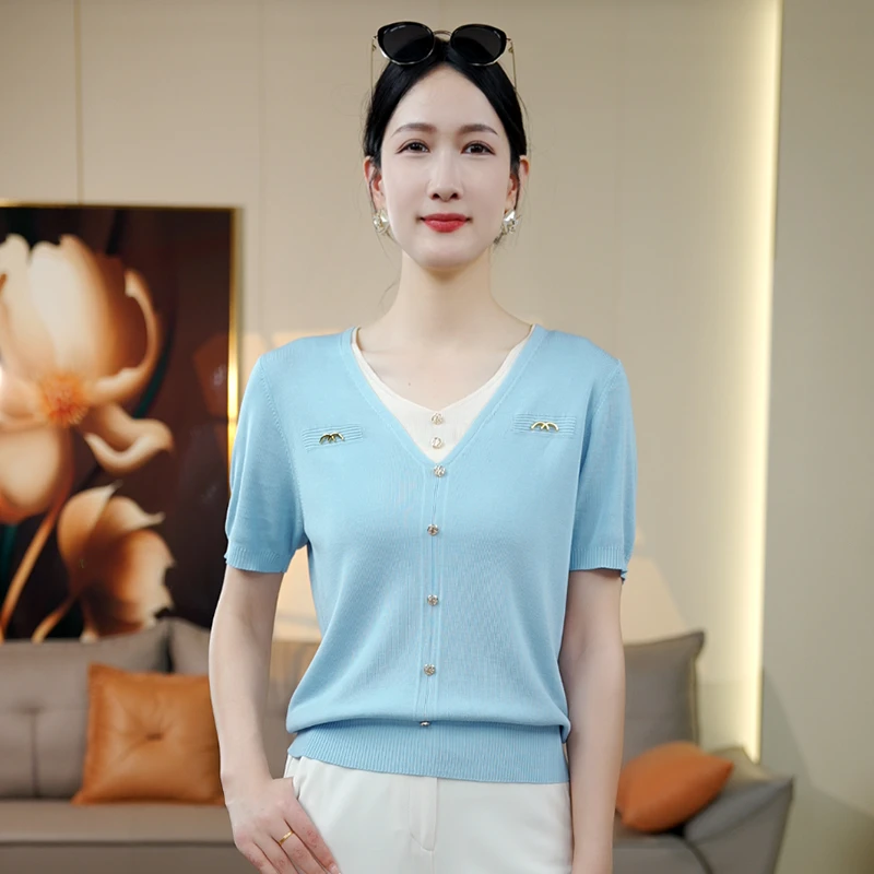 莱赛尔天丝短袖v领T恤女冰感夏季薄款假两件透气显瘦防晒上衣