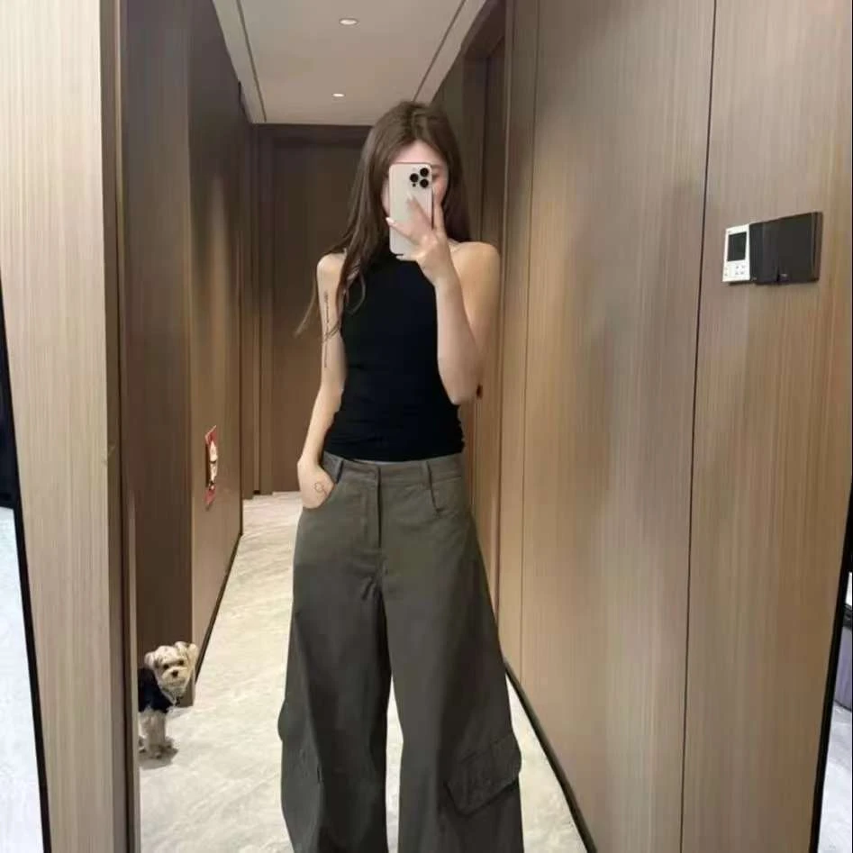 褶皱秋季无弹力工装裤薄款休闲阔腿裤痞帅御姐风6677