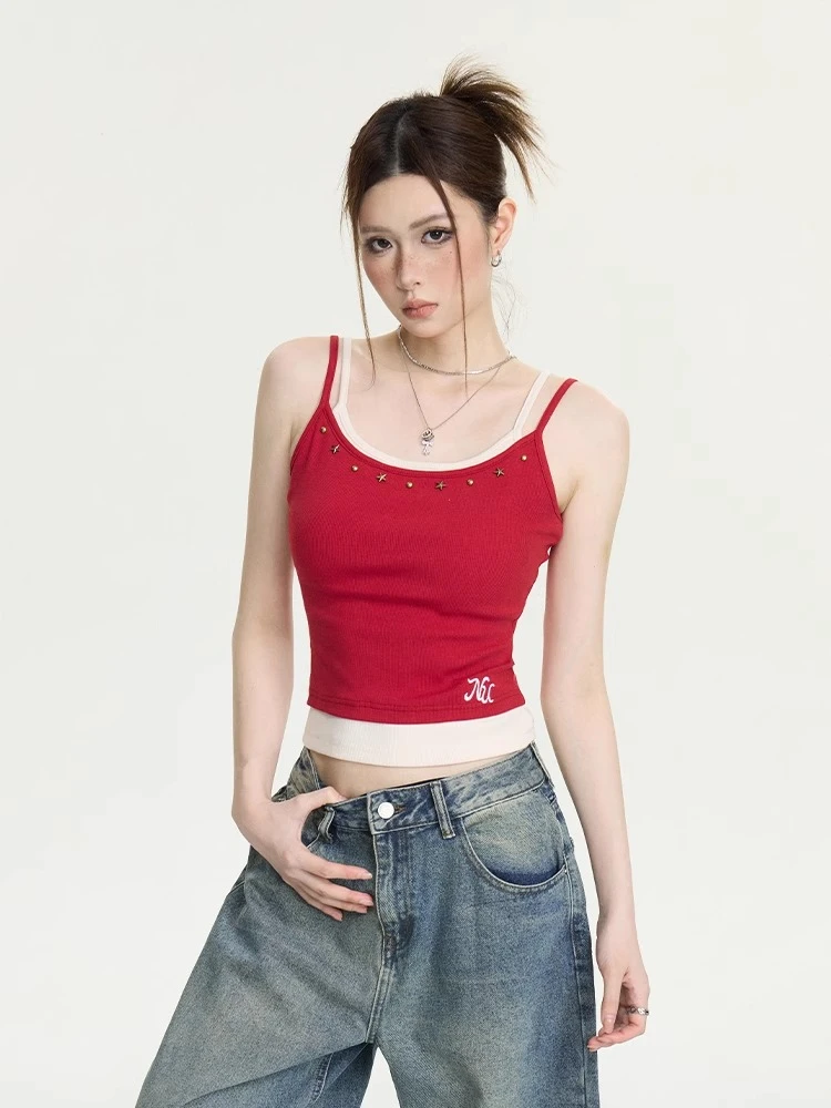 DGOLD原创夏天甜美辣妹撞色假两件外穿吊带背心打底夏季无袖