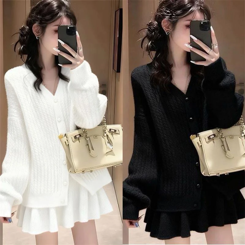 高级黑白调 慵懒风软糯V领针织开衫毛衣+高腰百褶裙显瘦两件套装