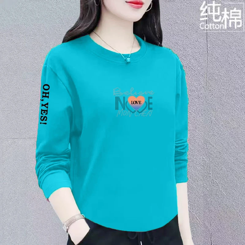 100%纯棉春秋季高档遮肉显瘦百搭弧型长袖纯棉上衣女装t恤衫打底