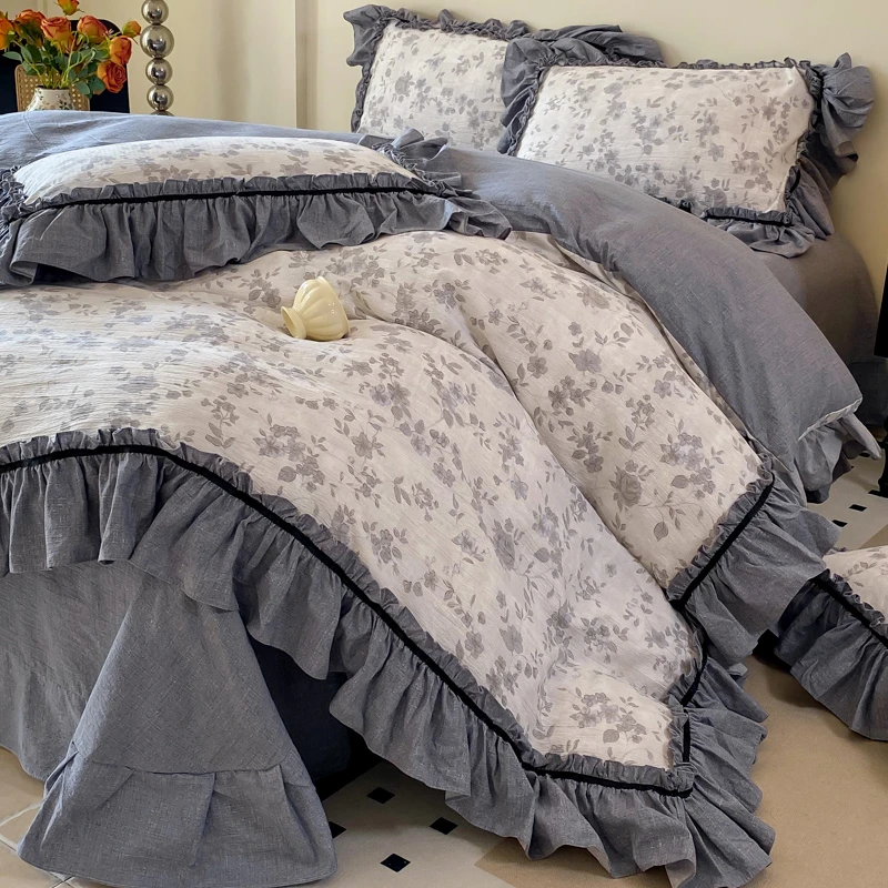 新款水洗亚麻透气吸汗棉麻色织复古花边高端四件套770花之舞