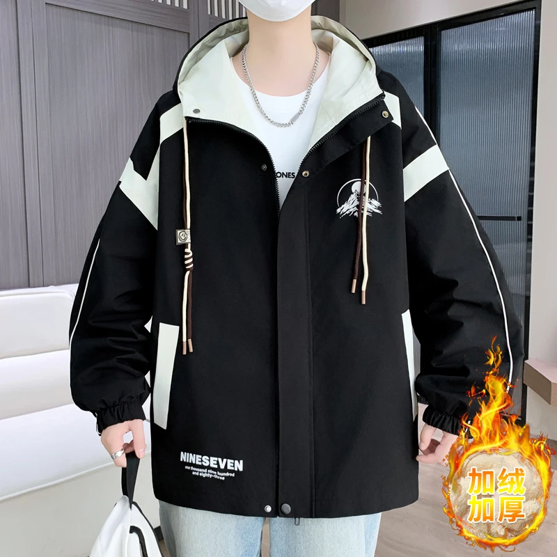 加绒加厚冬季青少年学生防水防风防污拼接痞帅高级感宽松棉夹克