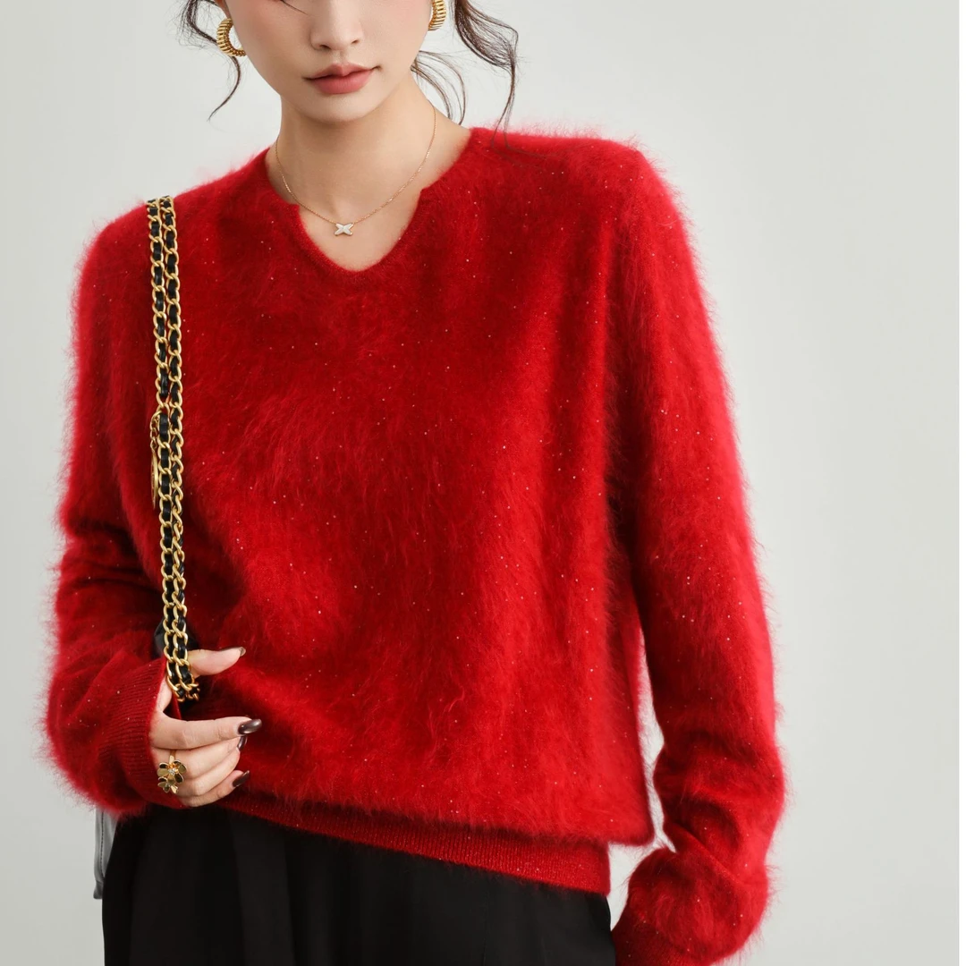 【繁星】拉绒100纯山羊绒衫女v领毛衣2025新款秋冬季慵懒风宽松