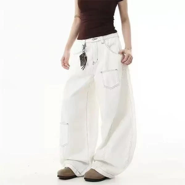 美式高街白色设计感弯刀牛仔裤女春夏新款宽松显瘦高腰阔腿拖地裤