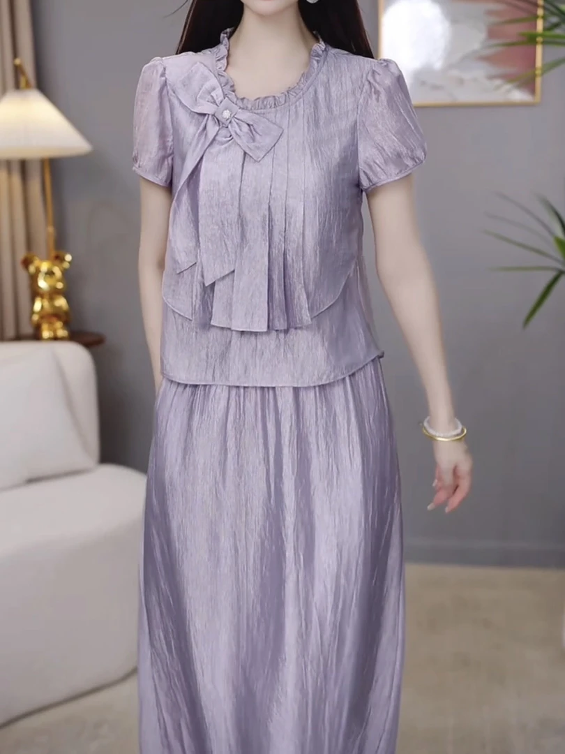 高级莱赛尔天丝时尚优雅紫色假俩件礼服裙2025夏季新款修身连衣裙