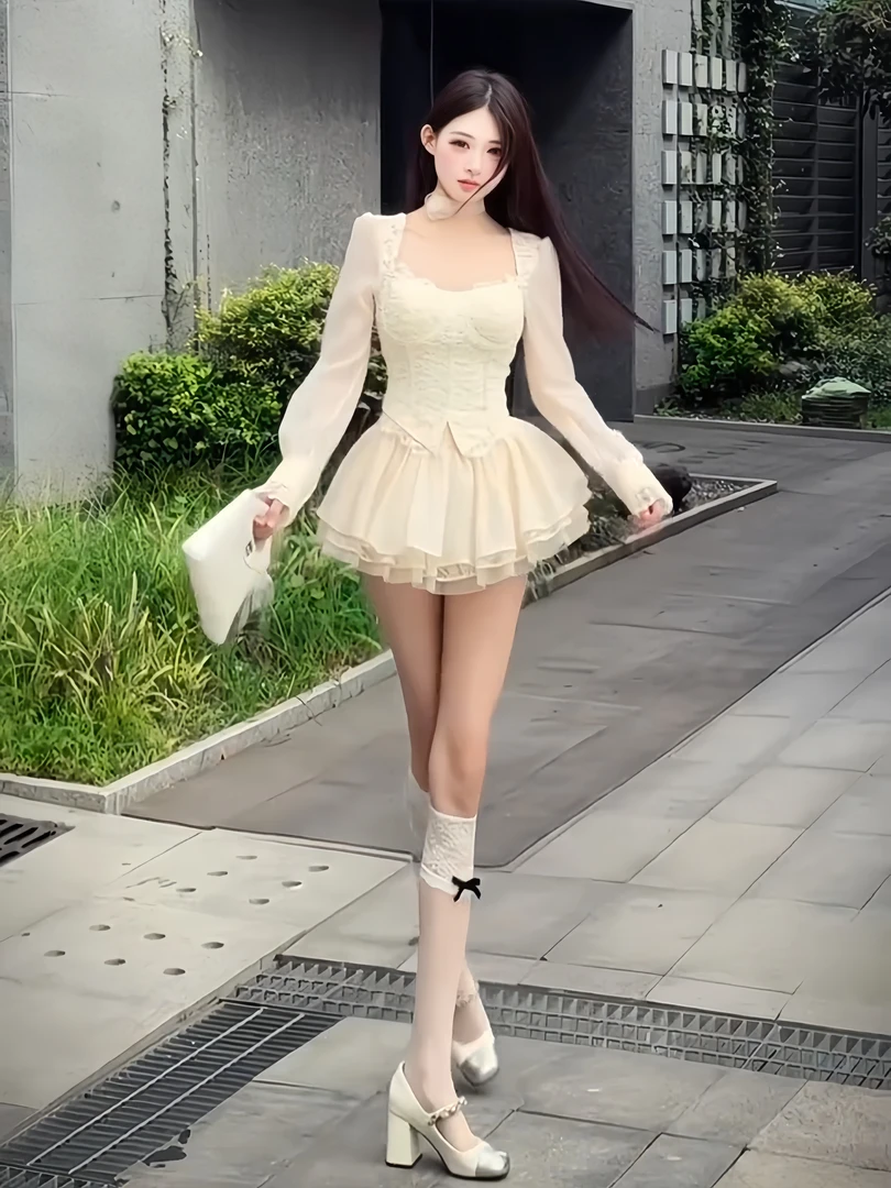 纯欲天花板 法式方领宫廷风收腰长袖上衣女秋季蓬蓬半身裙两件套