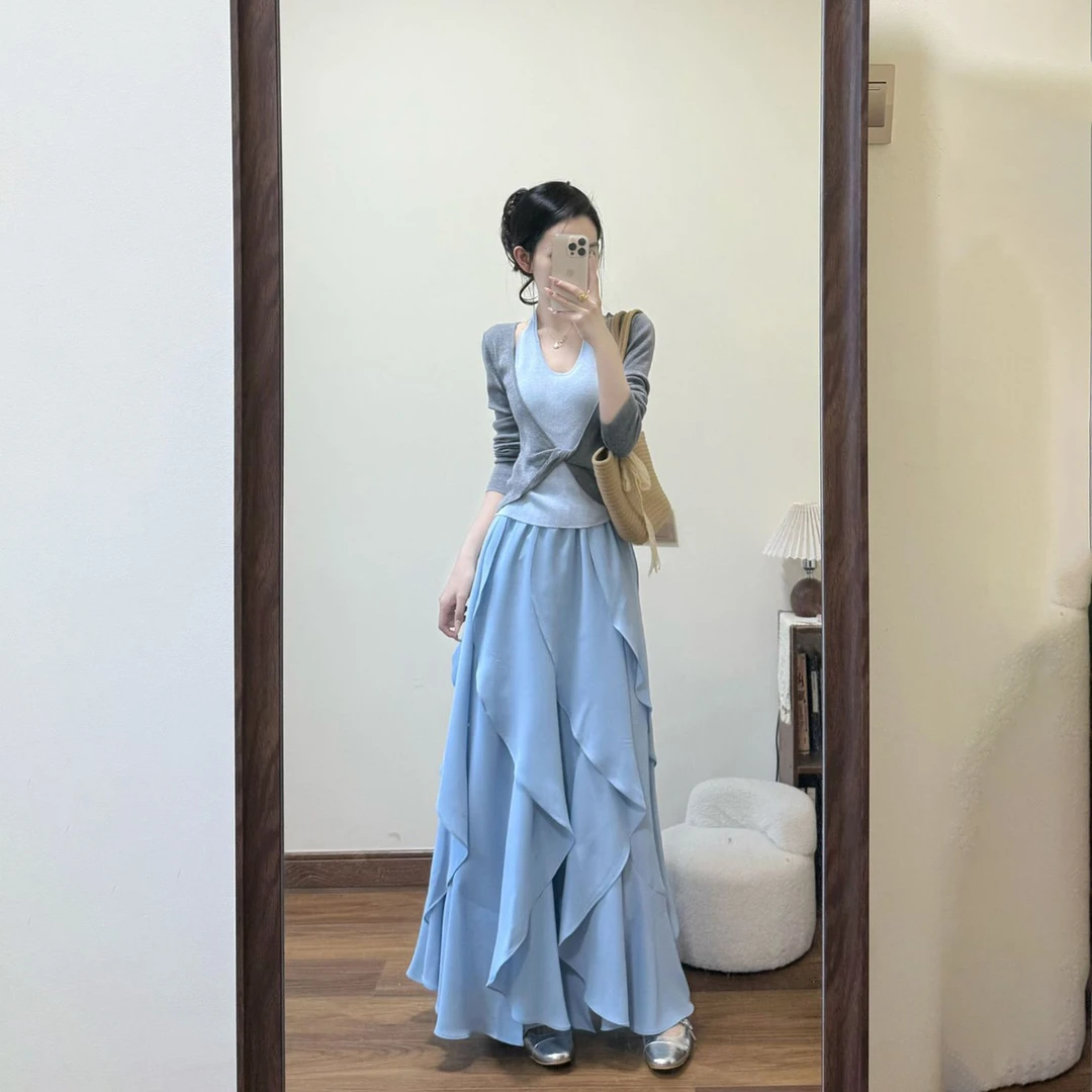 温柔风套装女秋新款爆款修身扭结假两件针织衫荷叶边半身裙两件套