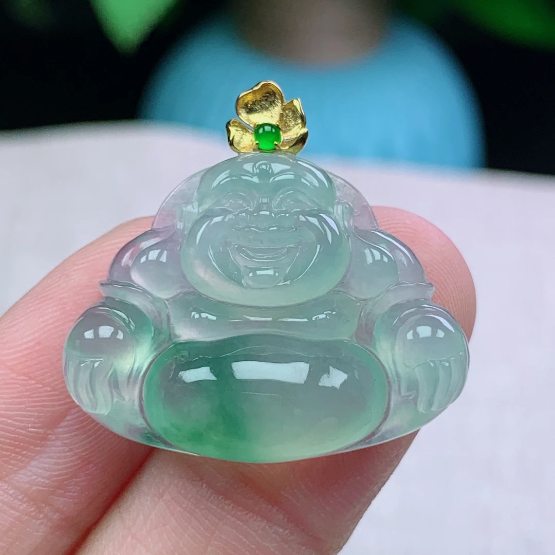 m缅甸天然翡翠A货21.9-28.8-7.1玉石冰种起胶飘花佛公吊坠礼物