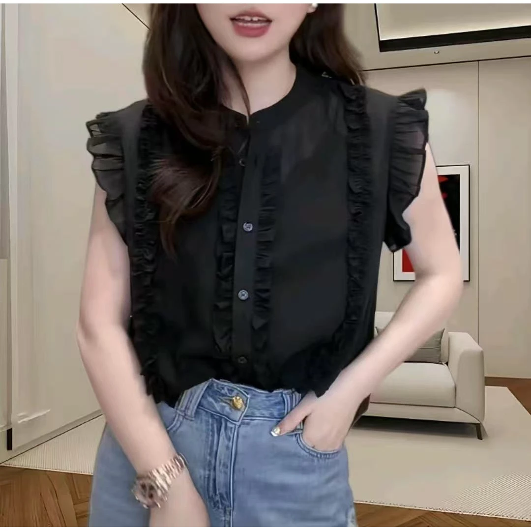 2025感小众法式荷叶新款耳边衬衫洋气夏季显瘦别致上衣短袖