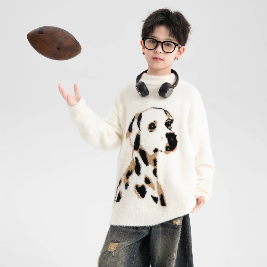 男大童秋冬卡通半高领水貂绒毛衣2025新款儿童男孩加厚针织衫6070
