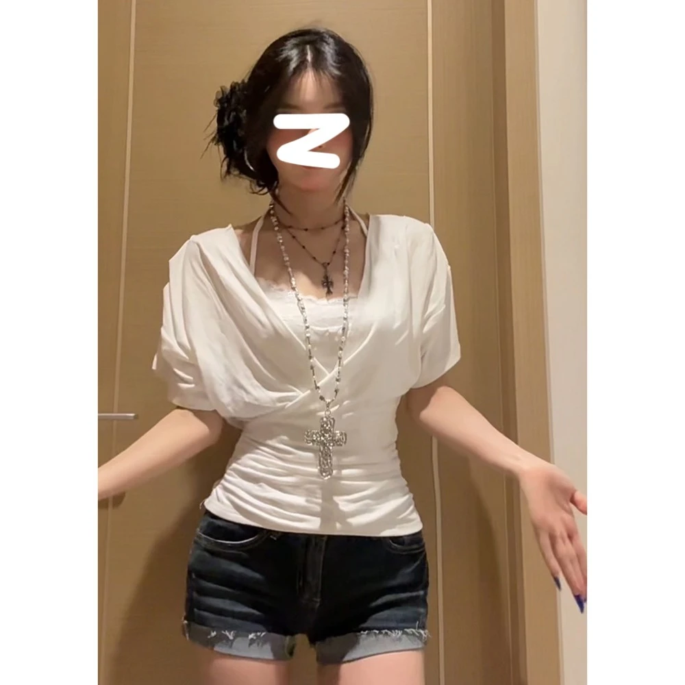 气质纯欲大领口领收腰设计感夏季新款蕾丝挂脖吊带修身女装上衣潮