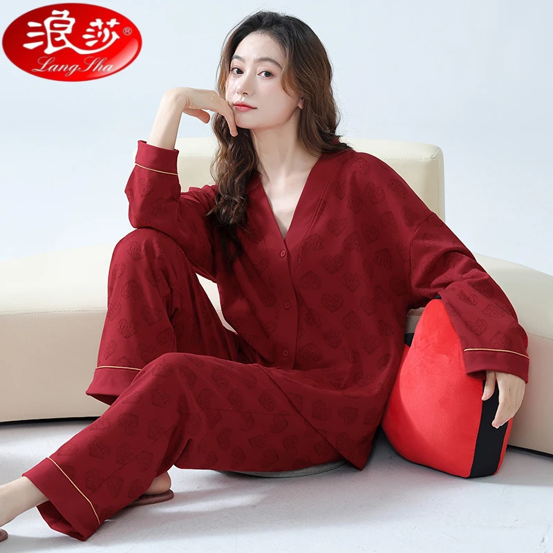 浪莎大红睡衣女秋冬2025年新款套装秋冬季本命年喜庆闺蜜休闲家居