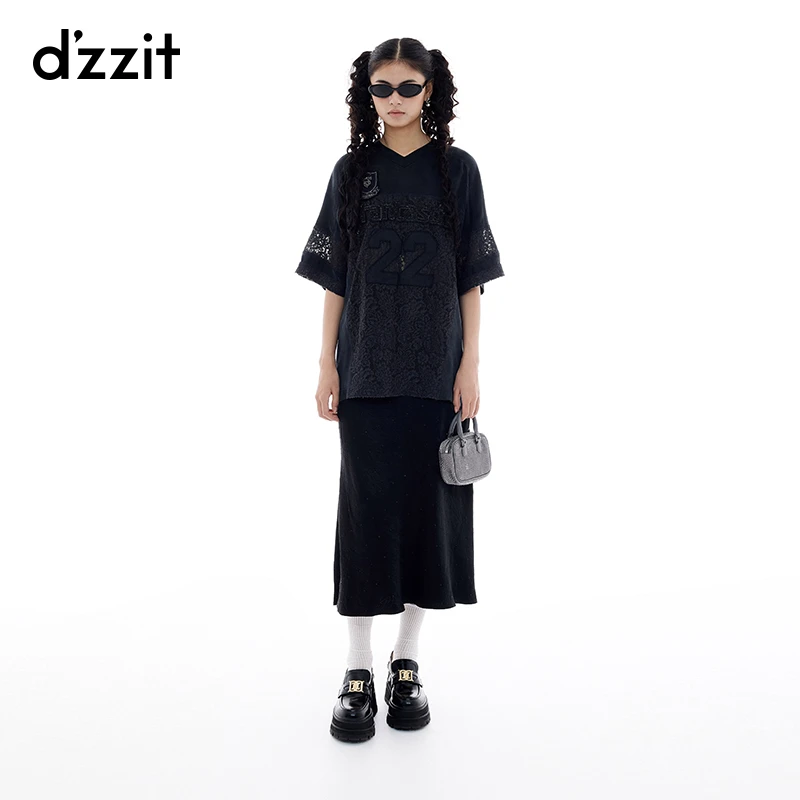 【商场同款新品】dzzit地素短袖T恤25夏蕾丝拼接宽松上衣女3J2D306