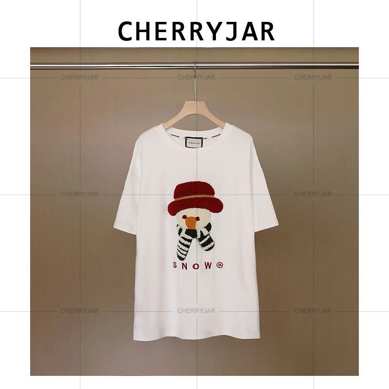 Cherryjar【25558】夏季纯色柔软植绒雪人毛巾绣可爱印花圆领情侣