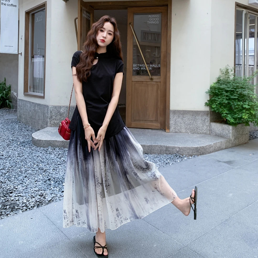 新中式国风套装裙女夏季新款高级感不规则上衣渐变色半身裙两件套