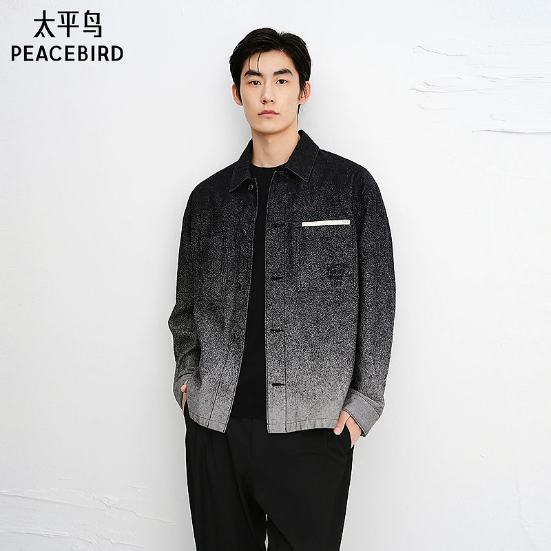 【商场同款】太平鸟男装新款夹克男士印花立领拼接牛仔B1BJF3444