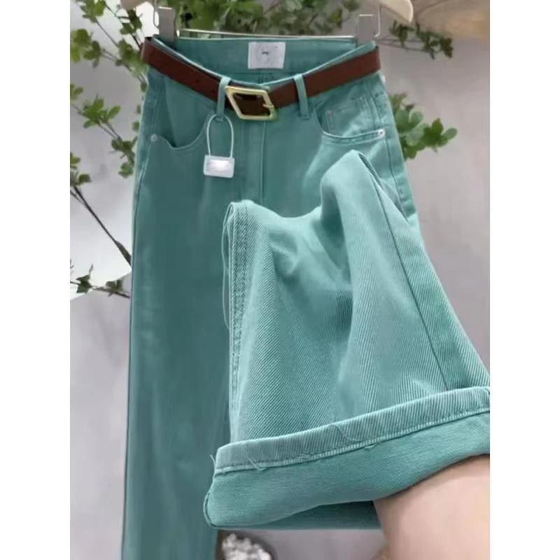 2025春季大码高端宽松果绿色直筒牛仔裤女胖mm高腰显瘦阔腿老爹裤