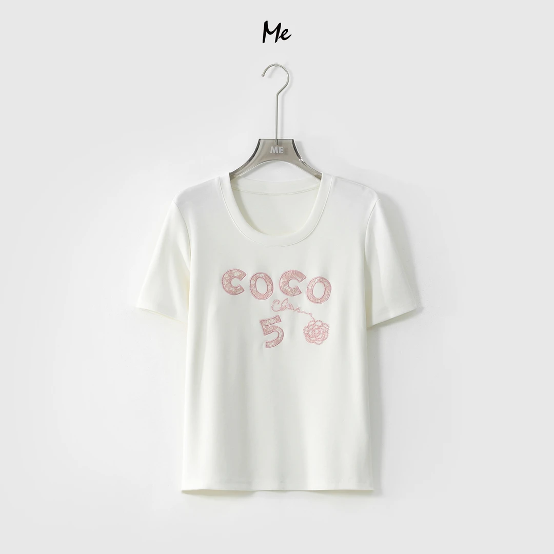 ME【5号可可小姐】冰柔感刺绣蕾丝显瘦百搭时尚休闲短袖T恤MESS5010