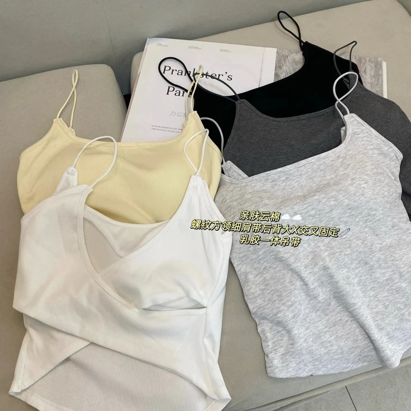 “”2025夏季新款细吊带方领一体式胸垫背后开叉设计衣服美背