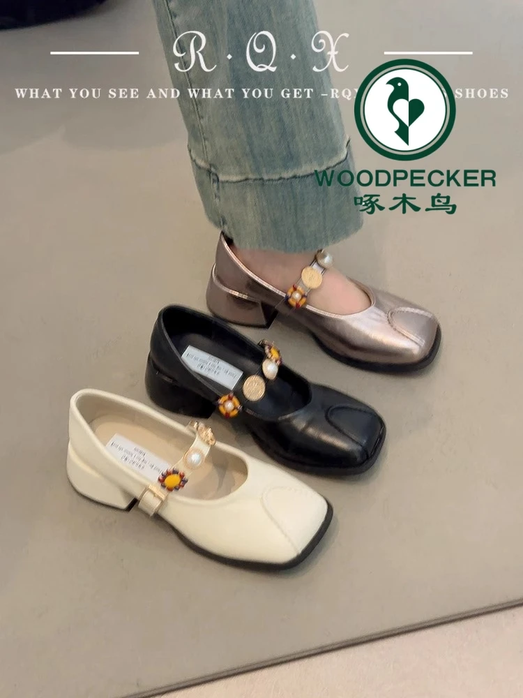 啄木鸟法式小众方头粗跟软皮爆款单鞋2025新款气质配裙玛丽珍女鞋