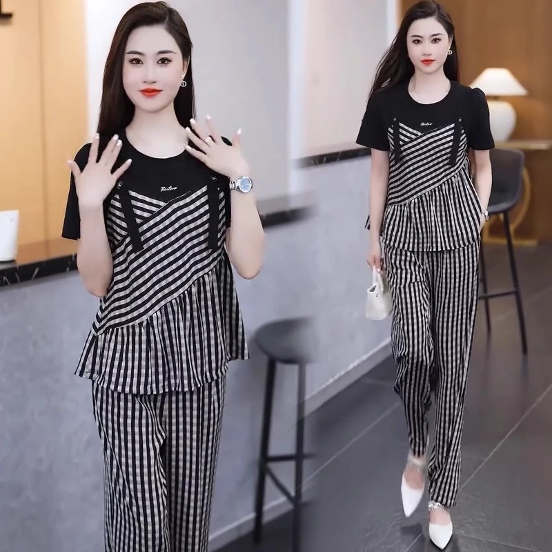 时尚套装女2025夏季新款洋气质显瘦格子拼接短袖上衣阔腿裤两件套