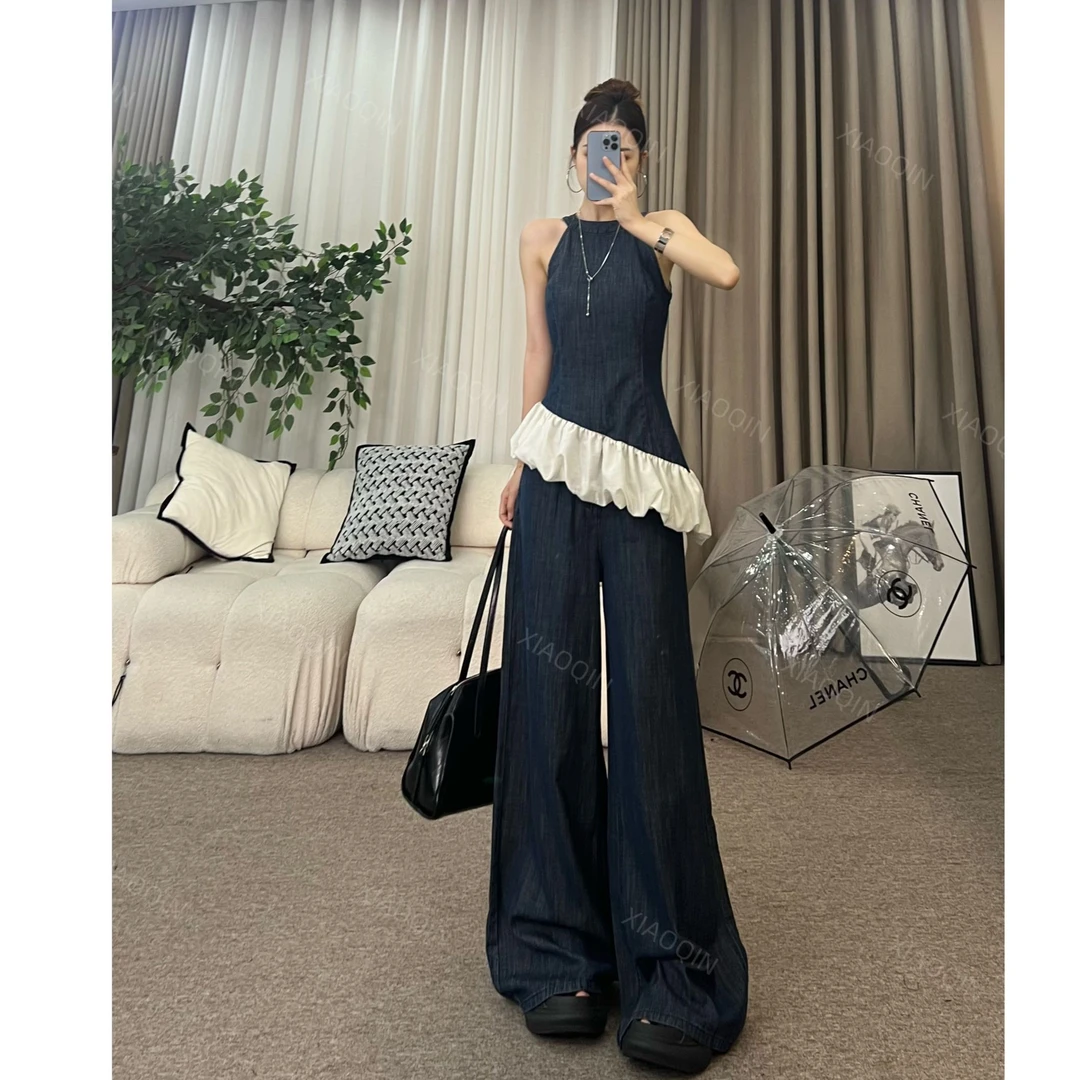 XIAOQIN【蓝城之境】夏季牛仔背心不规则花边阔腿直筒裤套装X030