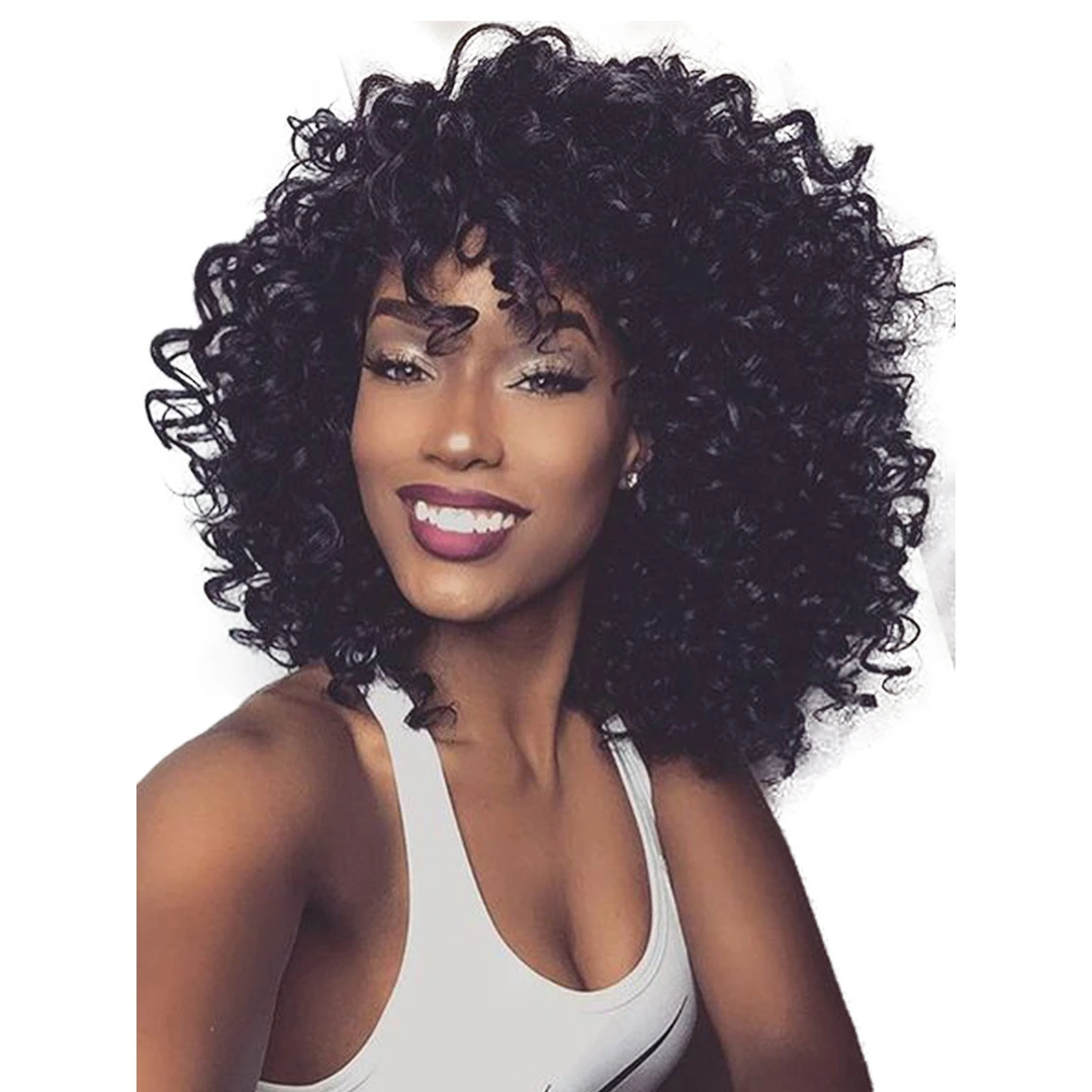 假发 中长发 有刘海卷发黑色的满头卷 热销款 高档化纤发套