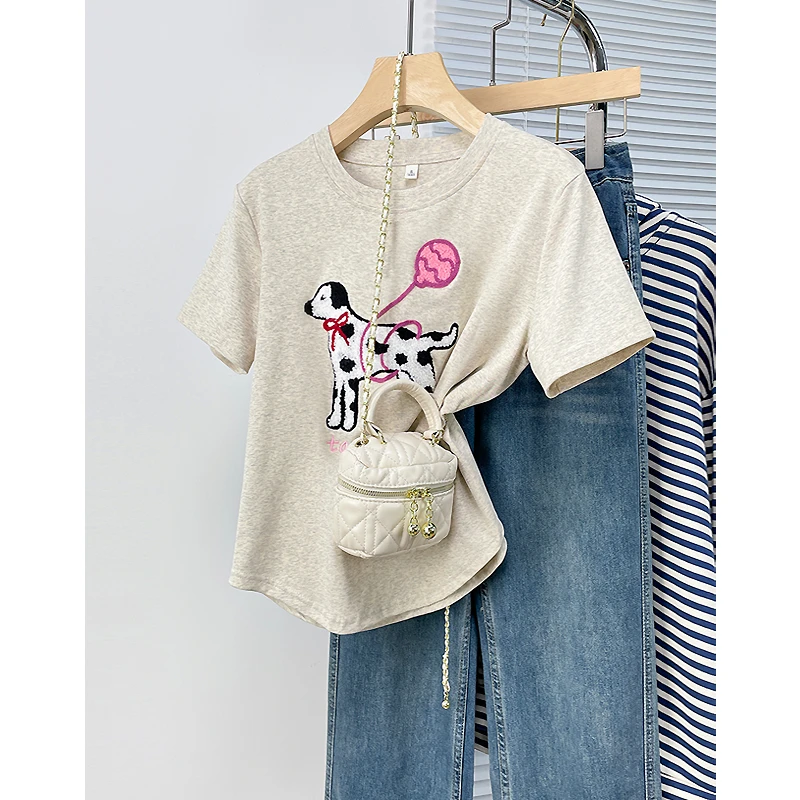 ins风设计感小狗植绒刺绣短袖可爱T恤女夏季2025新款不规则上衣