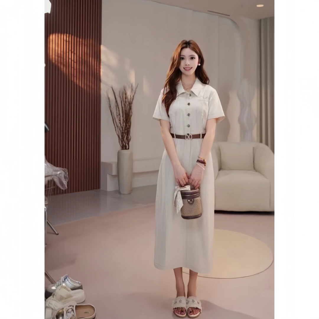 JOANOF 2025夏季POLO领单排扣高腰收腰显瘦中长款连衣裙Z25809-