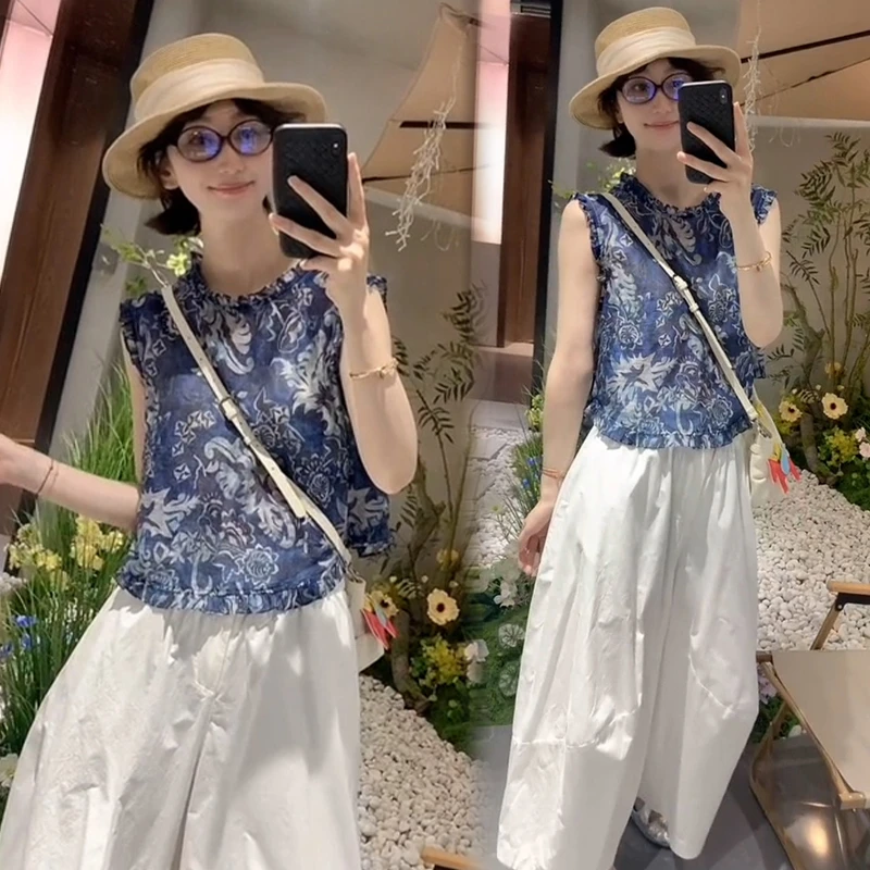 休闲新中式套装女2025夏季新款小众减龄无袖衬衫上衣阔腿裤两件套