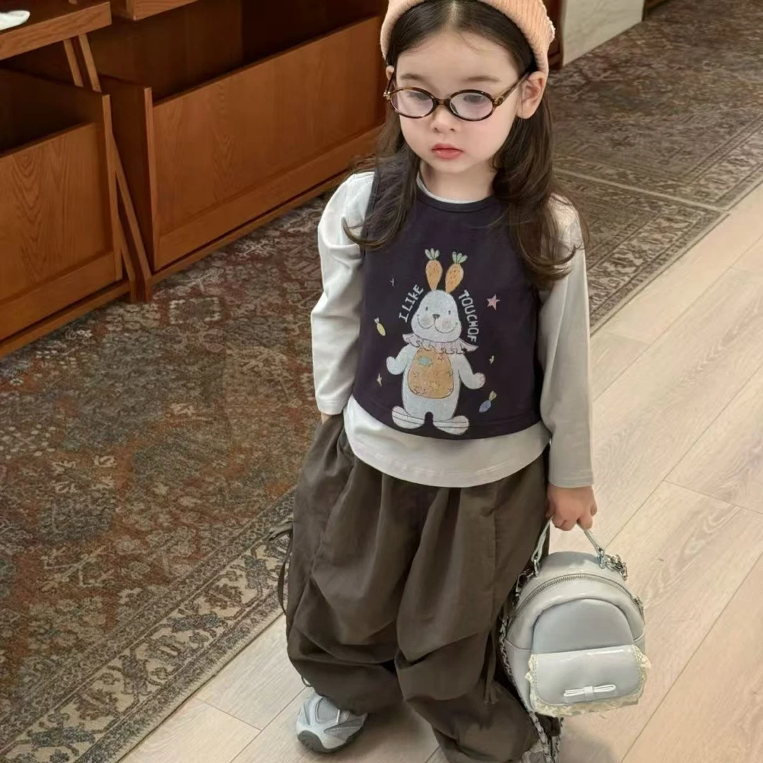 爆款童装2025秋新款女童韩版兔子背心T恤两件套上衣时髦休闲裤潮