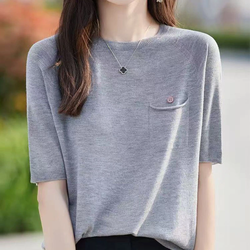 品牌2025夏季设计感针织衫短袖T恤女士圆领宽松休闲显瘦上衣透气