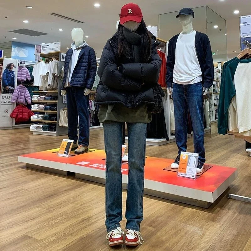 复古深蓝色加绒直筒修身牛仔裤女春秋2024新款高腰窄版堆堆裤子