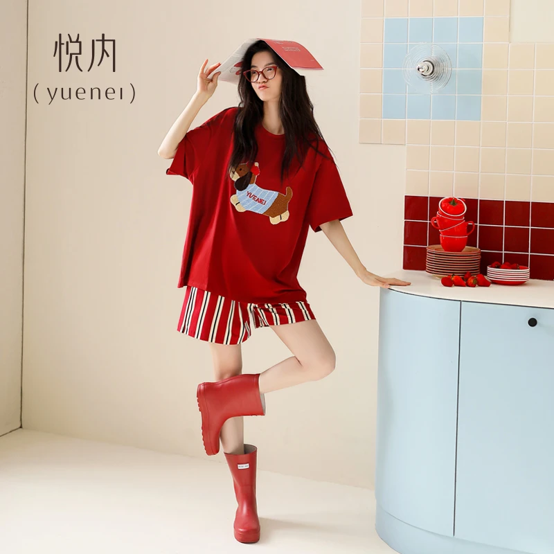悦内睡衣套装夏季圆领短袖短裤纯棉休闲服本命年大红色可外穿出门